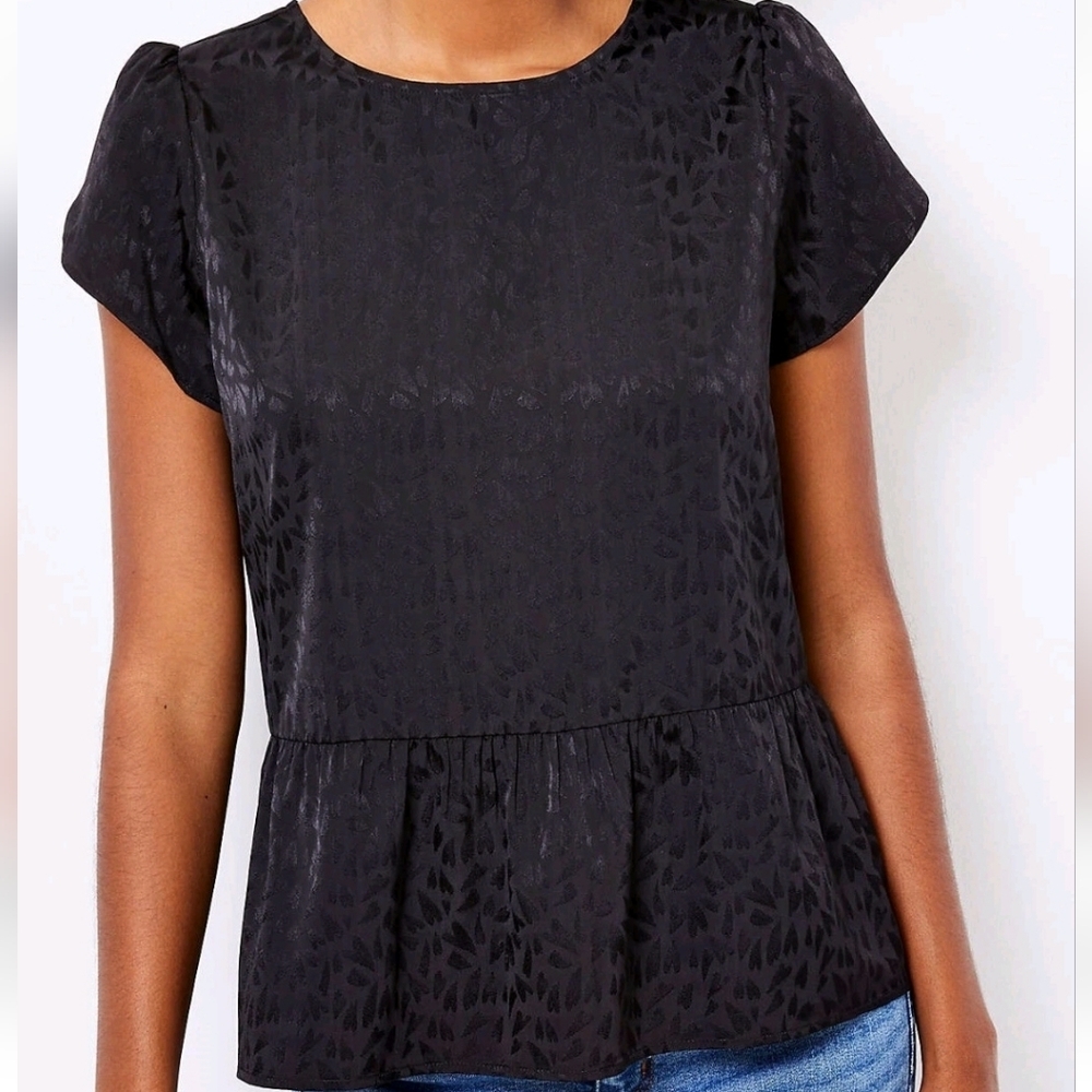 LOFT Flowy Heart Tulip Sleeve Black Peplum Top